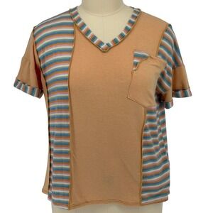 Sugarfox Short Sleeve Top Peach‎ Multi Striped Patchwork Knit 2X